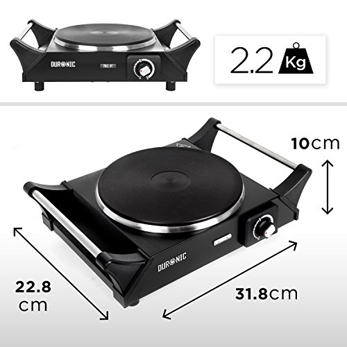 Duronic HP1BK Placa Eléctrica Portátil 1500W con diámetro de 187mm - Hornillo Eléctrico con Asas - Calientaplatos ideal para camping, caravana, campo, peroles