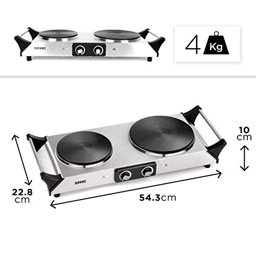 Duronic HP2SS Placa Eléctrica Portátil 1500W con 2 Fuegos (diámetro 187mm y 152mm) - Hornillo Eléctrico con Asas - Calientaplatos ideal para camping, caravana, campo, peroles