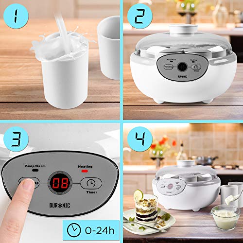 Duronic YM2 Yogurtera con Temporizador 20W con 8 Tarros de 125 ml - Panel de Control y Autoapagado - Máquina para hacer Yogur Natural y Casero