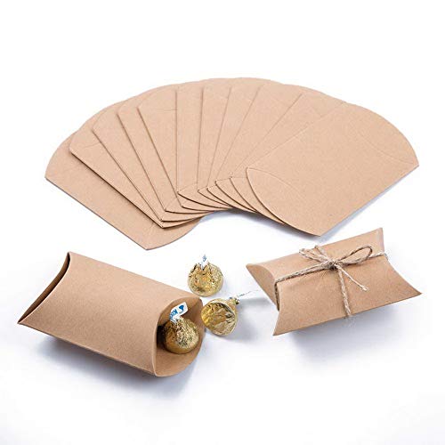 DXIA 100 Pcs Cajas de Almohada de Papel Kraft Vintage, Natural Cajas de Regalo Pequeñas, Bricolaje Rústicas Caja de Dulces de Papel Kraft Caja, para Boda Cumpleaños Fiesta de Navidad, Marrones