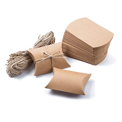 DXIA 100 Pcs Cajas de Almohada de Papel Kraft Vintage, Natural Cajas de Regalo Pequeñas, Bricolaje Rústicas Caja de Dulces de Papel Kraft Caja, para Boda Cumpleaños Fiesta de Navidad, Marrones