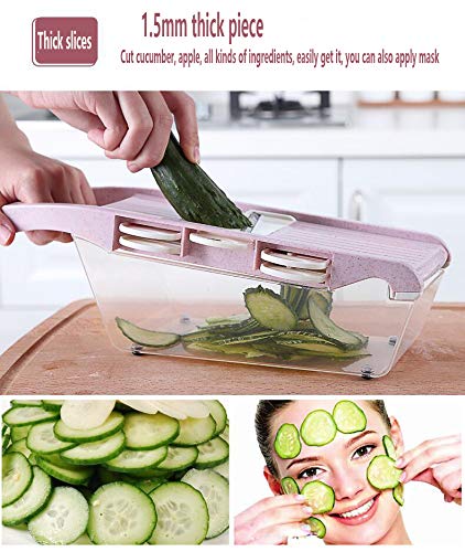 DXIA Mandolina de Cocina Multiusos, on 6 Cuchillas de Acero Inoxidable, Utensilios de Cocina Profesional para Cortar Frutas Vegetales Alimentos con Cuchillo de Cocina (Rosa)