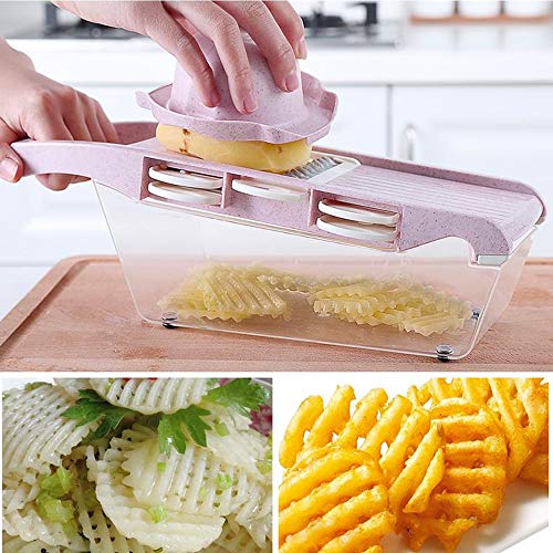 DXIA Mandolina de Cocina Multiusos, on 6 Cuchillas de Acero Inoxidable, Utensilios de Cocina Profesional para Cortar Frutas Vegetales Alimentos con Cuchillo de Cocina (Rosa)