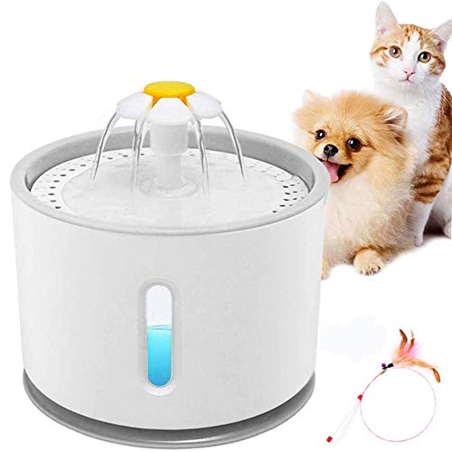 E-MANIS Fuente para Perros Gatos,2.4L Fuente de Agua Silenciosa para Mascotas con La luz del LED,Flor Portátil Estilo Bebedero Mascotas para Perros y Pequeños Animales,1pcs Palo de Gato emplumado