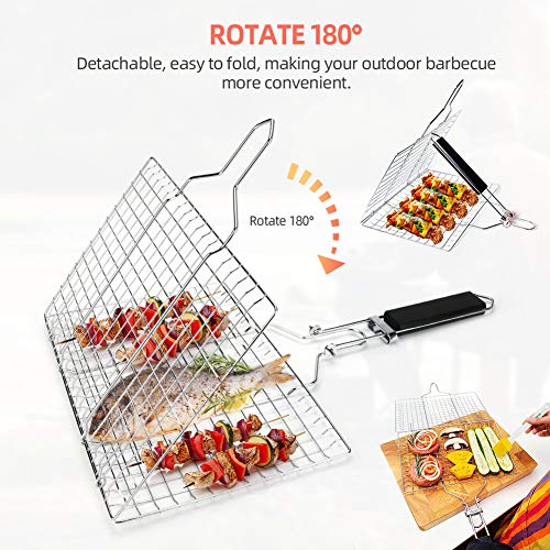 E-More Cesta para Asar a la Parrilla, Cesta de Parrilla de Barbacoa de Acero Inoxidable Plegable portátil para filetes de camarones, 2 Pinceles de Cocina y Bolsa de Almacenamiento, 32x22 cm