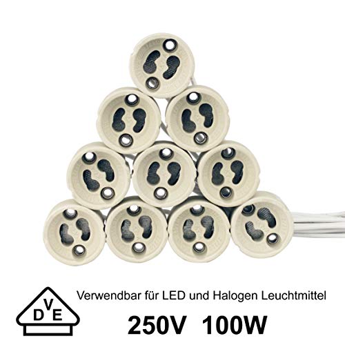 EACLL GU10 Bases para Lámparas, Casquillo Portalámparas Zócalo de Cerámica, Con Cable de Silicona de Calidad, Conector Para LED GU10 y Bombilla Halógena, Pack de 10