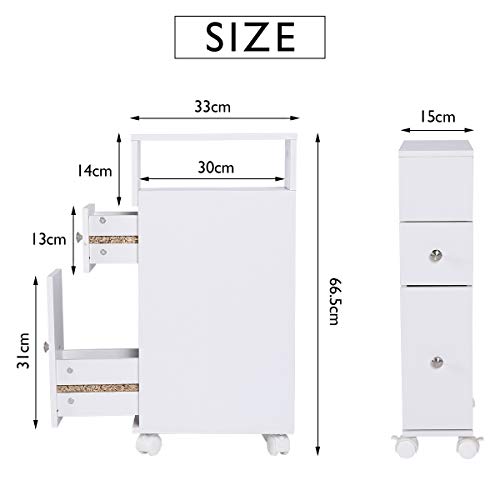 ease Mueble de baño con Ruedas con 2 cajones Carro de Almacenamiento de Cocina de Madera Mueble de baño 15 × 33 × 66.5 CM Blanco