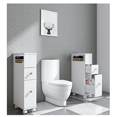 ease Mueble de baño con Ruedas con 2 cajones Carro de Almacenamiento de Cocina de Madera Mueble de baño 15 × 33 × 66.5 CM Blanco