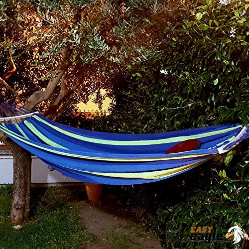 EASY EAGLE Hamaca Colgante de Tela con 60CM Travesaños de Madera, 220x120CM Hamacas Grande para Jardín Acampada Exterior, 300KG Carga, Rayas Azul-Verdes