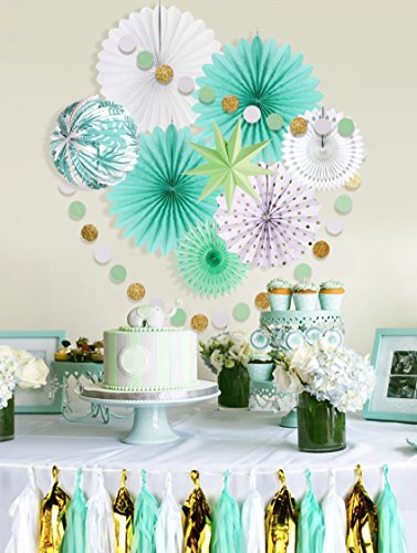 Easy Joy Decoración Verde Chic, Fan Paper Tassel Borla Decoration Menta para La Fiesta de Cumpleaños Aniversario Wedding Partido Verano Carnaval, Menta