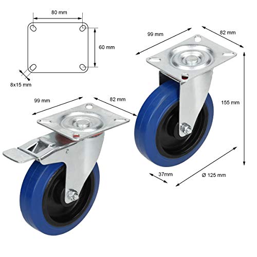 ECD Germany 4x Piezas de Ruedas de Transporte Pivotantes 125 mm con Capacidad de Carga 640 kg/ 2 Ruedas Giratorias + 2 Ruedas con Doble Freno Acero Galvanizado Ruedas de Caucho Azul