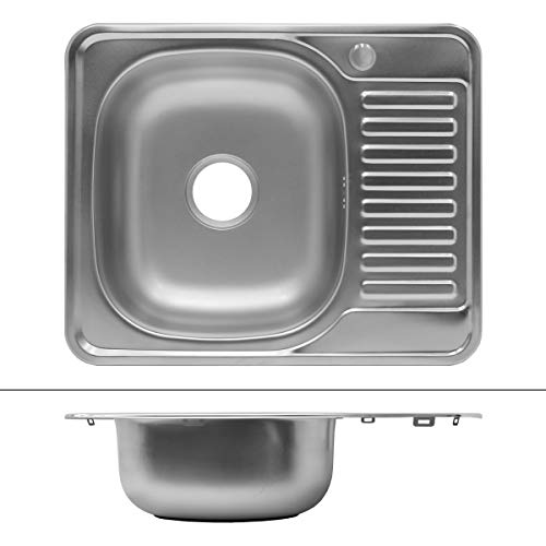 ECD Germany Fregadero de cocina 58 x 48 cm con juego de desagüe - lavabo a la izquierda con sifón - soporte a la derecha - acero inoxidable - pila lavadero platos manual empotrado con rebosadero