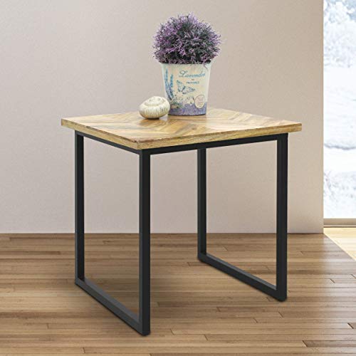 ECD Germany Mesa de Centro Retro 45 x 45 x 45 cm Madera de Mango con Dibujo en Espiga Marco Metálico Negro Mesita de Café Auxiliar Vintage de Salon Dormitorio Noche Mobiliario Decorativo de Almacenaje