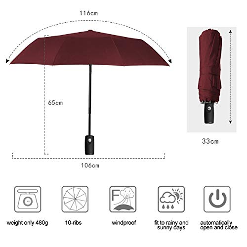 ECHOICE Paraguas Plegable Hombre Automático Antiviento, Paraguas Negro Compacto Resistente al Viento, Paraguas de Viaje (Rojo 1)