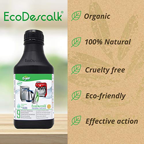 EcoDescalk Universal Ecológico Concentrado 4x9 Descalcificaciones. Descalcificador 100% Natural. Limpiador para Todo Tipo de Electrodomésticos: Hervidores, Lavadoras, Lavavajillas. Producto CE.