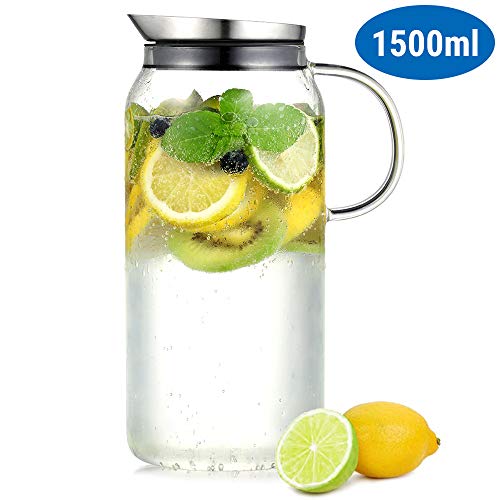 Ecooe Jarra de vidrio 1500ml (capacidad total) jarra de vidrio hecha de vidrio de borosilicato jarra de agua con tapa de acero inoxidable jarra jarra de vidrio