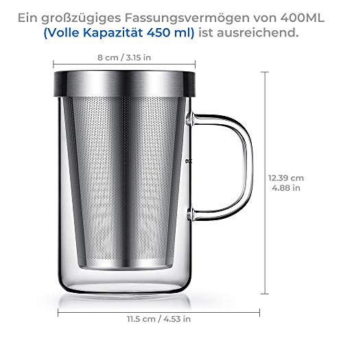 Ecooe taza de cristal Vaso de vidrio con colador de acero inoxidable y tapa Vaso de té Vaso de té de borosilicato 500 ml (capacidad total)