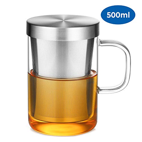 Ecooe taza de cristal Vaso de vidrio con colador de acero inoxidable y tapa Vaso de té Vaso de té de borosilicato 500 ml (capacidad total)