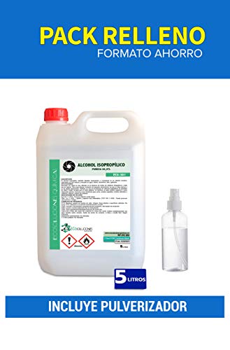 Ecosoluciones Químicas ECO-301 | 5 L | Alcohol Isopropílico 99,9% Puro | Limpieza componentes electrónicos, Objetivos, Pantallas. Desinfección y Limpieza Superficies. Incluye PULVERIZADOR 75 ML