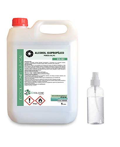 Ecosoluciones Químicas ECO-301 | 5 L | Alcohol Isopropílico 99,9% Puro | Limpieza componentes electrónicos, Objetivos, Pantallas. Desinfección y Limpieza Superficies. Incluye PULVERIZADOR 75 ML