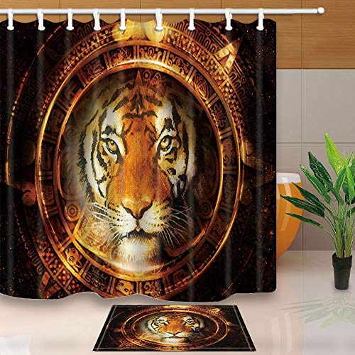 EdCott Resumen Antiguo Calendario Maya con Tiger Head Decor 71X71in Moho Tejido de poliéster Resistente Traje de Ducha Traje con 15.7x23.6in Franela Antideslizante Alfombras de baño Felpudo de Piso