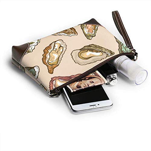 EDFG Oysters Sea Delicatessen Product Women 's Real Leather Large Square Wristlit Wallet Funda para teléfono móvil Clutch