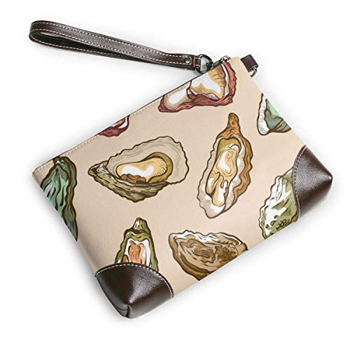 EDFG Oysters Sea Delicatessen Product Women 's Real Leather Large Square Wristlit Wallet Funda para teléfono móvil Clutch