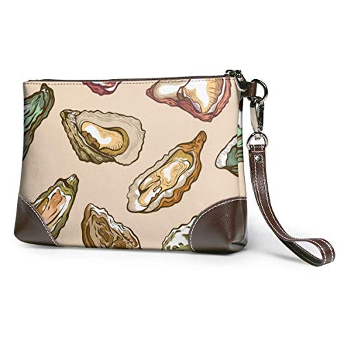 EDFG Oysters Sea Delicatessen Product Women 's Real Leather Large Square Wristlit Wallet Funda para teléfono móvil Clutch