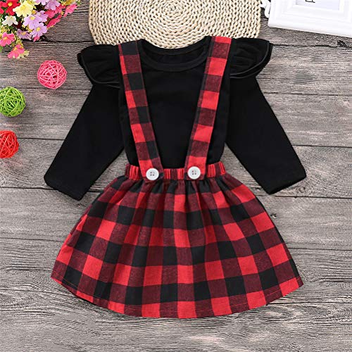 EDOTON Niñas T-Shirt Correa Vestido Trajes de Navidad 2 Unids/Set Manga Larga con Volantes Top Overoles Falda a Cuadros Conjunto de Ropa (3-4 Años, Manga Larga)