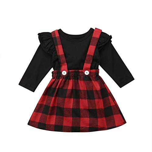 EDOTON Niñas T-Shirt Correa Vestido Trajes de Navidad 2 Unids/Set Manga Larga con Volantes Top Overoles Falda a Cuadros Conjunto de Ropa (3-4 Años, Manga Larga)