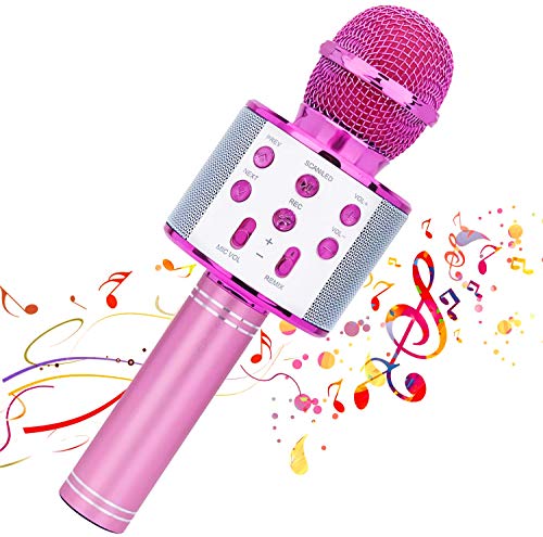EEM Micrófono inalámbrico Karaok, 4 en 1 máquina portátil de Karaoke con Altavoz portátil Bluetooth, Reproductor KTV doméstico con función de grabación (Pink)