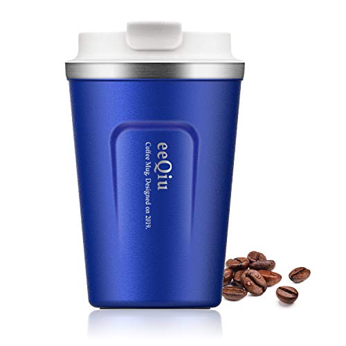 eeQiu taza térmica taza de café para llevar - 13oz 100% a prueba de fugas, taza de café, acero inoxidable de doble pared con aislamiento, café para llevar, taza de viaje de café y té (azul