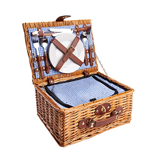 eGenuss Cesta de Mimbre para Picnic - 2 Personas - Cuchillo Multifuncional Copas de Vino Nevera Cubiertos en Acero Inoxidable y Platos en cerámica incluídos - Color tartán Azul de 32 x 25 x 17 cm