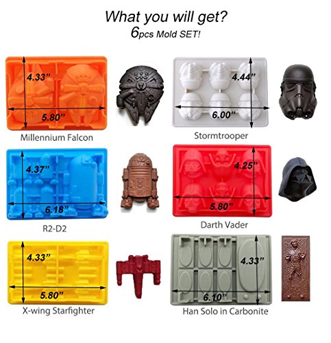 eighteen-u Star Guerra con forma de molde, juego de 6 de silicona flexible moldes para los amantes de los Star Wars Robots de tarta de cumpleaños Decoración Candy moldes