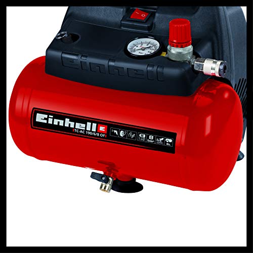 Einhell TH-AC 190/6 OF - Compresor de aire, 8 bar, depósito 6 l, aspiración 185 l /min, 1100 W, 230 V, color rojo y negro