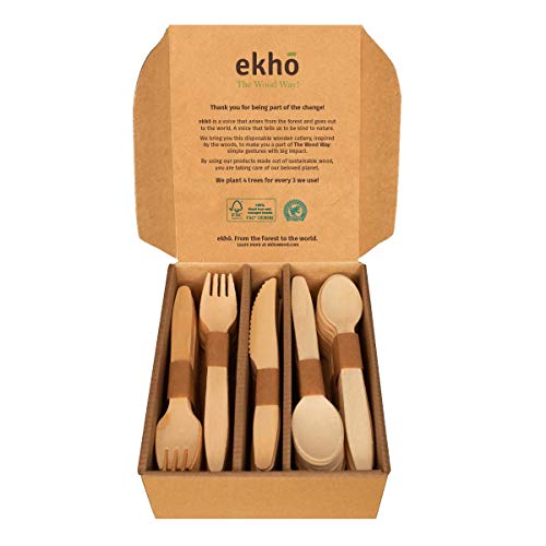 ekhõ The Wood Way! – Juego de 100 Cubiertos Desechables de Madera Sostenible – 40 tenedores + 40 cucharas + 20 cuchillos Ecológicos Biodegradables y Compostables