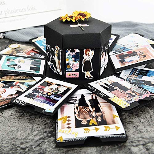 EKKONG Explosion Box Scrapbook Creative DIY Photo Album de Accesorios para cumpleaños Aniversario Boda San Valentín Día de la Madre Navidad,La Caja de Regalo con 6 Caras (Negro)