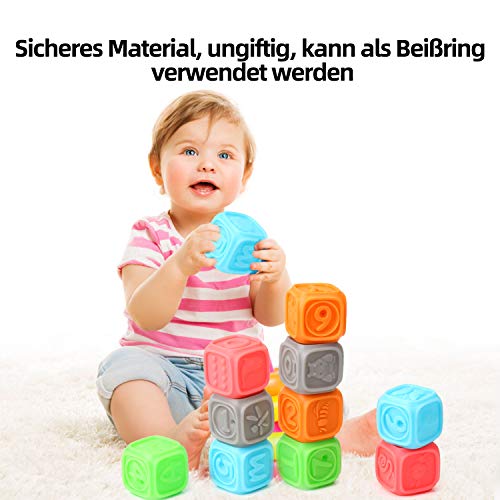 EKKONG Juguetes Bebes, 3D Bloques Suave para Bebés 0-3 años, Juguetes para Masticar la Dentición Juguetes Baño, Educativos Bloques con Números, Formas, Animales, Insectos (10pcs)