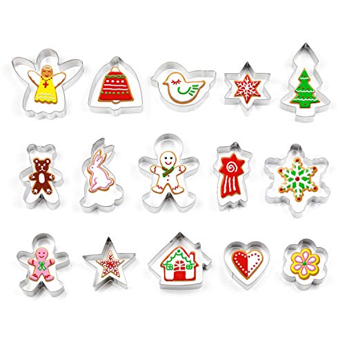 EKKONG Moldes de Galletas, 15pcs Acero Inoxidable Galletas Cortador para Cookie, Fondant, Formas Navideña Variadas Fiesta Navidad Galletas