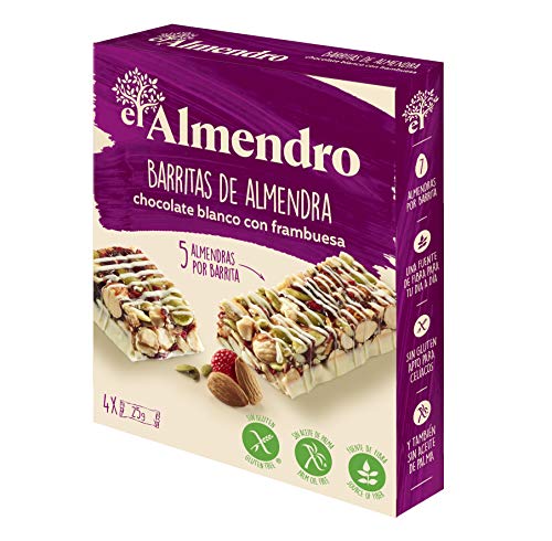 El Almendro - Barritas de Almendra, Chocolate Blanco y Frutos Rojos - 4x25 gr - Sin Gluten - Sin Aceite de Palma - Fuente de Fibra