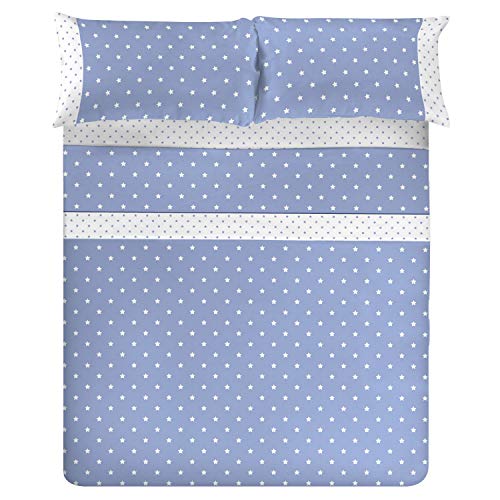 El Barco Juego de Sabanas Estampadas Algodon - Poliester. 3 Piezas, Funda Almohada, Bajera Ajustable y Encimera. Calidad y Diseño. Suave y Resistente. Estrellas Azul. Cama 105 cm