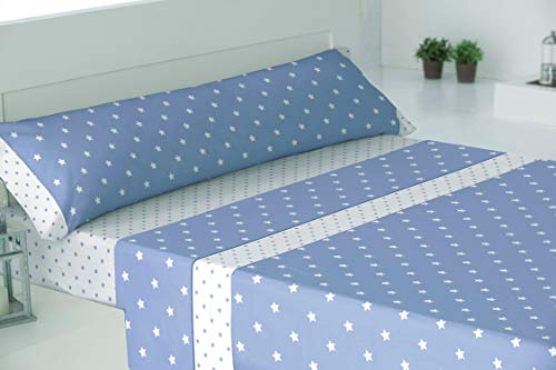 El Barco Juego de Sabanas Estampadas Algodon - Poliester. 3 Piezas, Funda Almohada, Bajera Ajustable y Encimera. Calidad y Diseño. Suave y Resistente. Estrellas Azul. Cama 105 cm