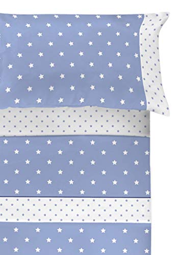 El Barco Juego de Sabanas Estampadas Algodon - Poliester. 3 Piezas, Funda Almohada, Bajera Ajustable y Encimera. Calidad y Diseño. Suave y Resistente. Estrellas Azul. Cama 105 cm