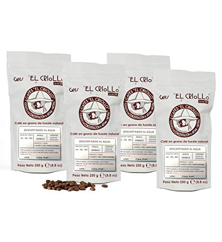 El Criollo - Café Descafeinado al Agua en Grano | 100% Arábica y Tueste Natural | Pack de 4x250 gr (1kg)