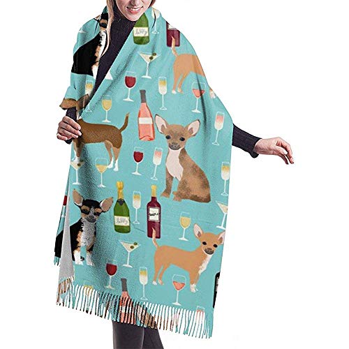 Elaine-Shop Chihuahua Wine Champagne Cocktails Cute Dog Pattern Fashion Shawl Scarf Bufanda de cachemir de invierno para mujeres Hombres