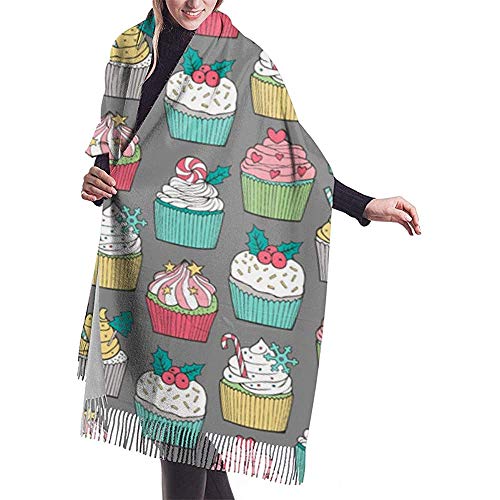 Elaine-Shop Cupcakes navideños en gris oscuro Chal Wrap Bufanda cálida de invierno Cape Cashmere Scarf Wrap