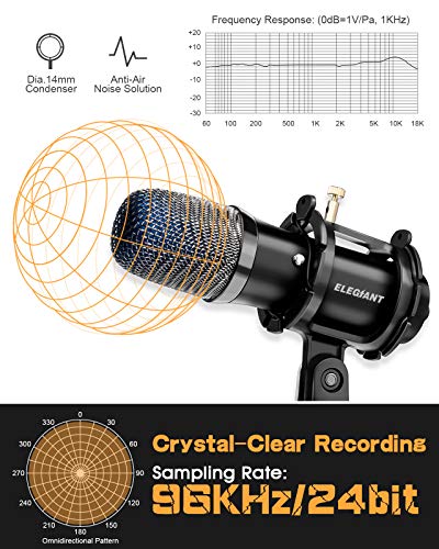 ELEGIANT Micrófono PC USB, Micrófono de Condensador PS4 con Trípode para Grabación de Estudio, Audio Chat en Línea para Facebook TIK Tok Skype Youtube, Ordenador Portátil, Tableta, Móvil, Mac, Negro