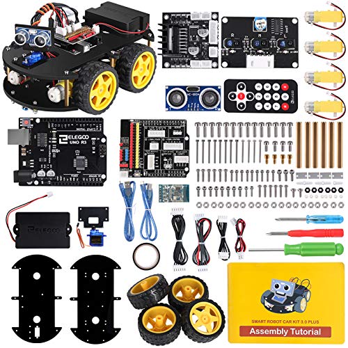 ELEGOO UNO R3 Kit de Coche Robot Inteligente V3.0 Plus Compatible con Arduino IDE con Módulo de Seguimiento de Línea, Sensor Ultrasónico, Módulo IR, Kit Robótico Coche Educativo STEM para Niño, Adulto