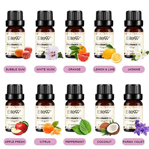 Elite99 Aceites de Fragancia, Aceites Esenciales para Humidificadores, Aceites de Aromaterapia de 10 Sabores de Flores y Frutas, Caramelo, Jazmín, Naranja, Menta, Limón, 10ML