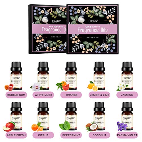 Elite99 Aceites de Fragancia, Aceites Esenciales para Humidificadores, Aceites de Aromaterapia de 10 Sabores de Flores y Frutas, Caramelo, Jazmín, Naranja, Menta, Limón, 10ML